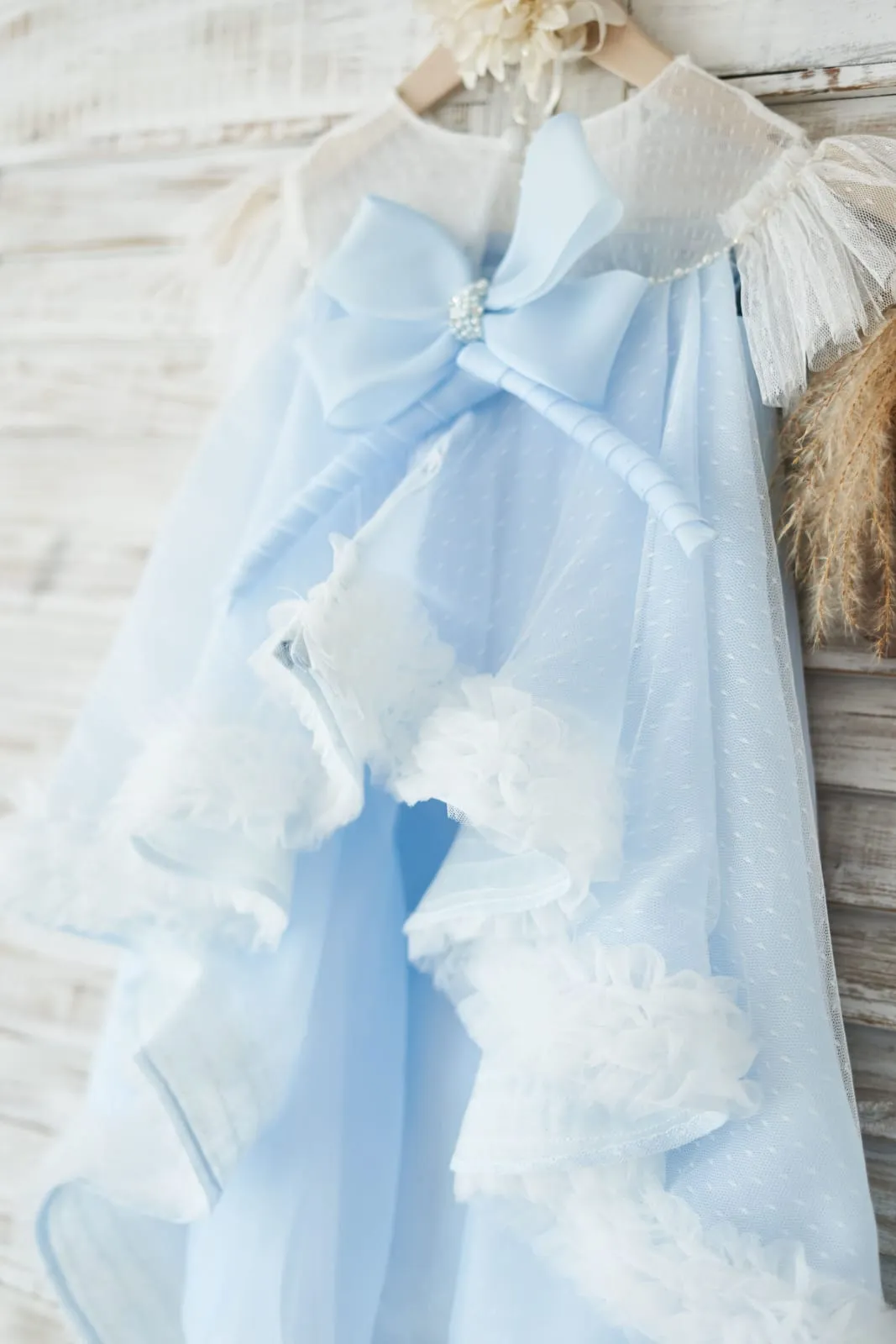 Blue Polka Dot Lace Tulle Cap Sleeves Wedding Flower Girl Dress