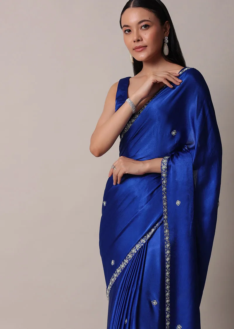 Blue Satin Saree With Stone Embellished Border