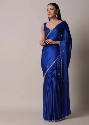 Blue Satin Saree With Stone Embellished Border