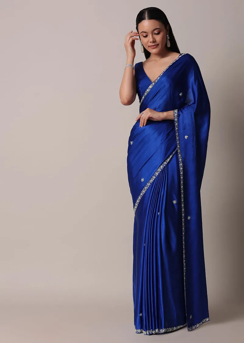 Blue Satin Saree With Stone Embellished Border