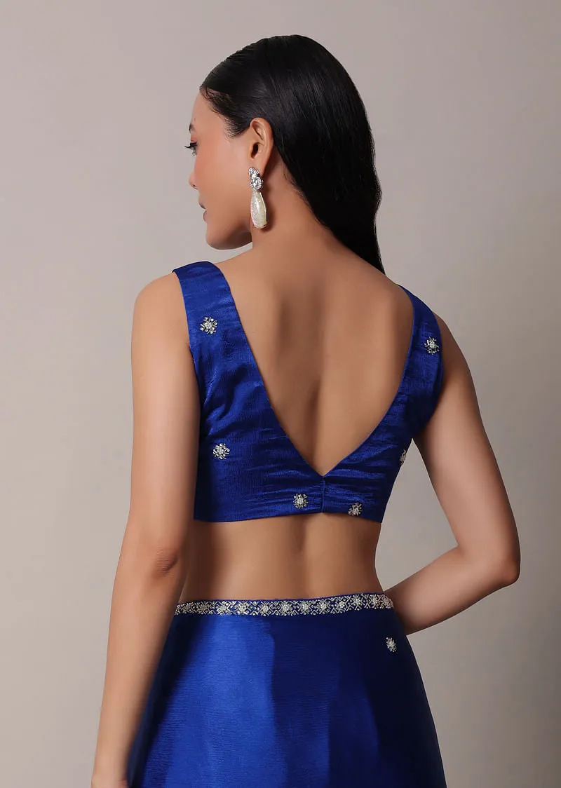 Blue Satin Saree With Stone Embellished Border