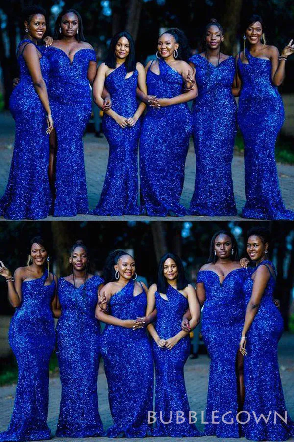 Blue Sequin Mermaid Long Bridesmaid Dresses, BN1102
