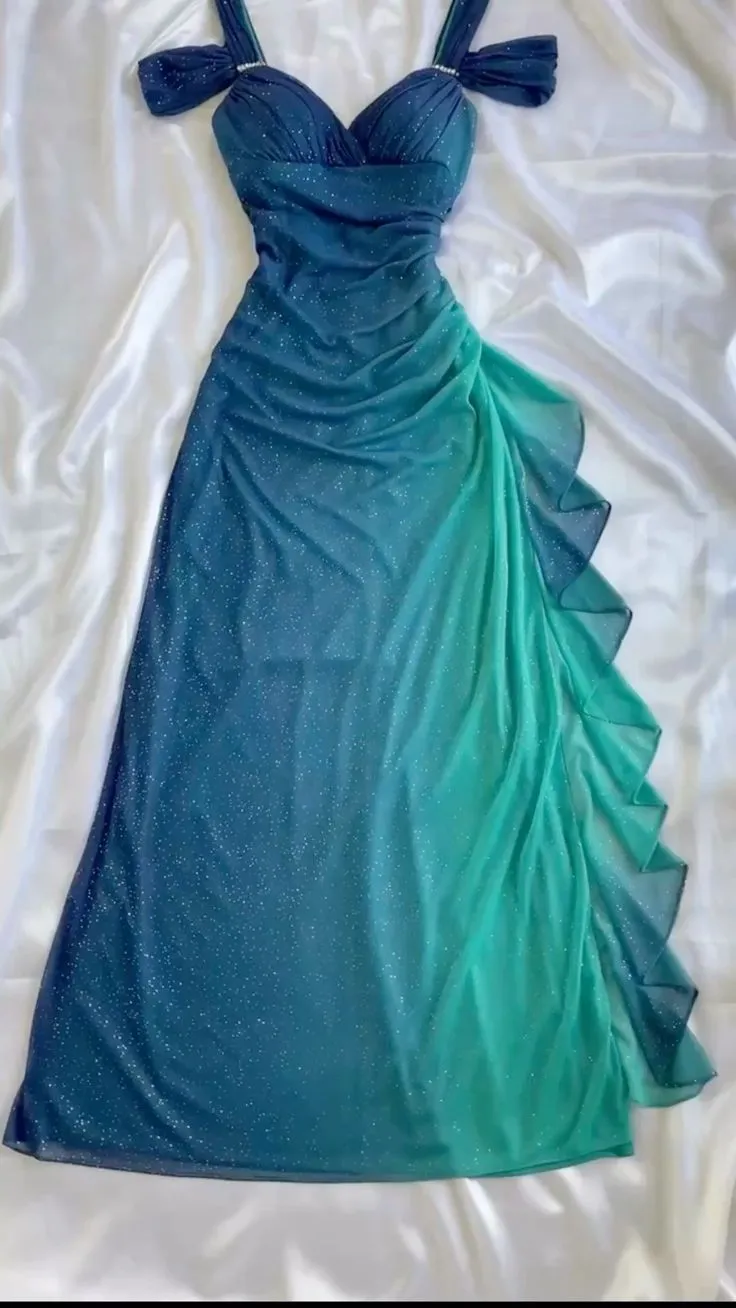 Blue Straps Ombre Ruffles Chiffon Long Party Dress Vintage Evening Gown, D383