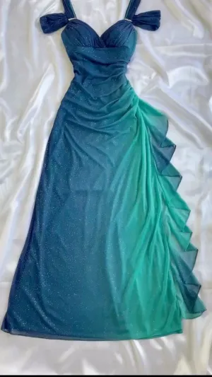 Blue Straps Ombre Ruffles Chiffon Long Party Dress Vintage Evening Gown, D383