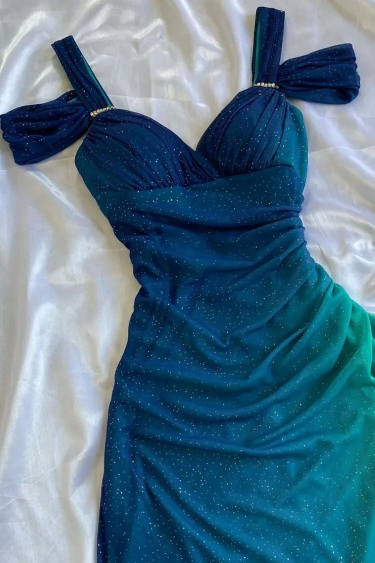 Blue Straps Ombre Ruffles Chiffon Long Party Dress Vintage Evening Gown, D383
