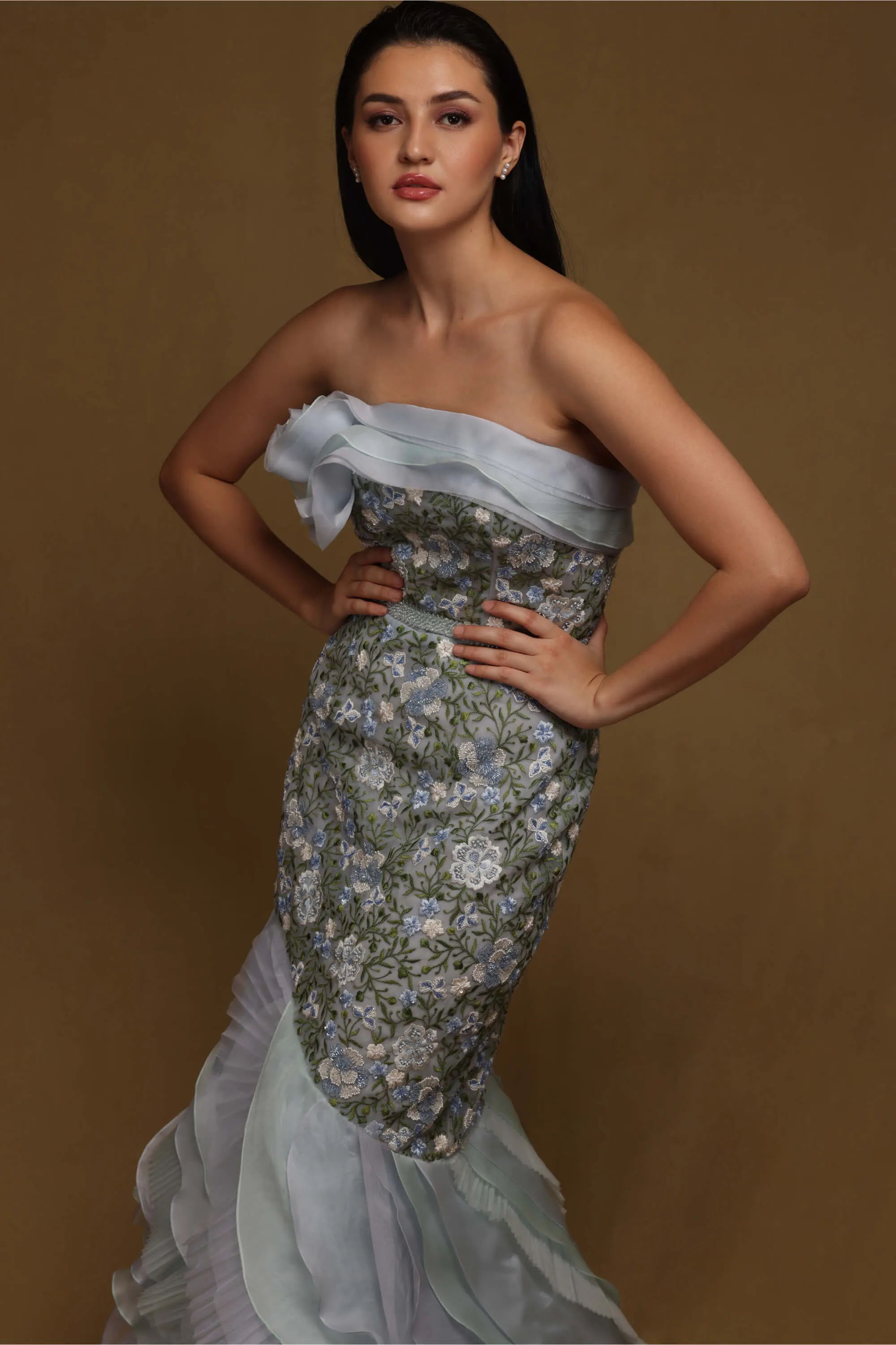Blue textured floral gown with belt