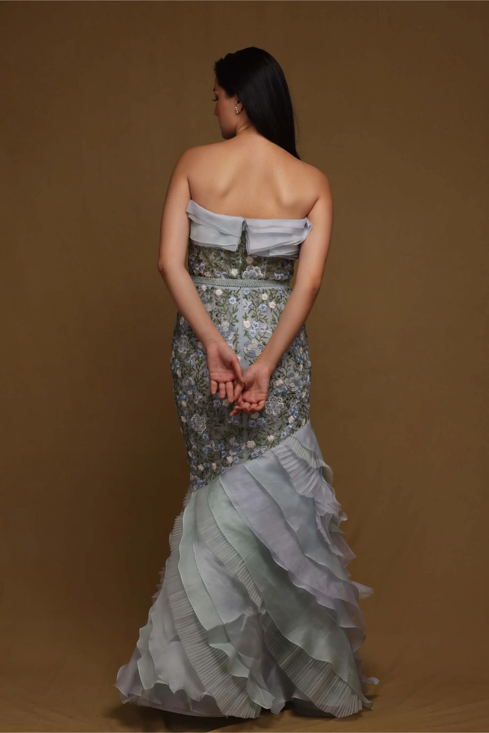 Blue textured floral gown with belt