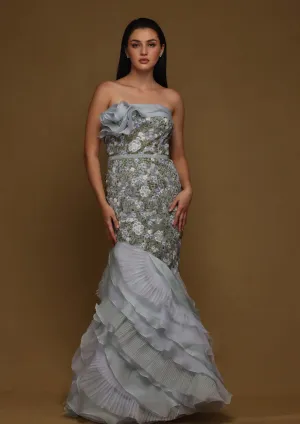 Blue textured floral gown with belt