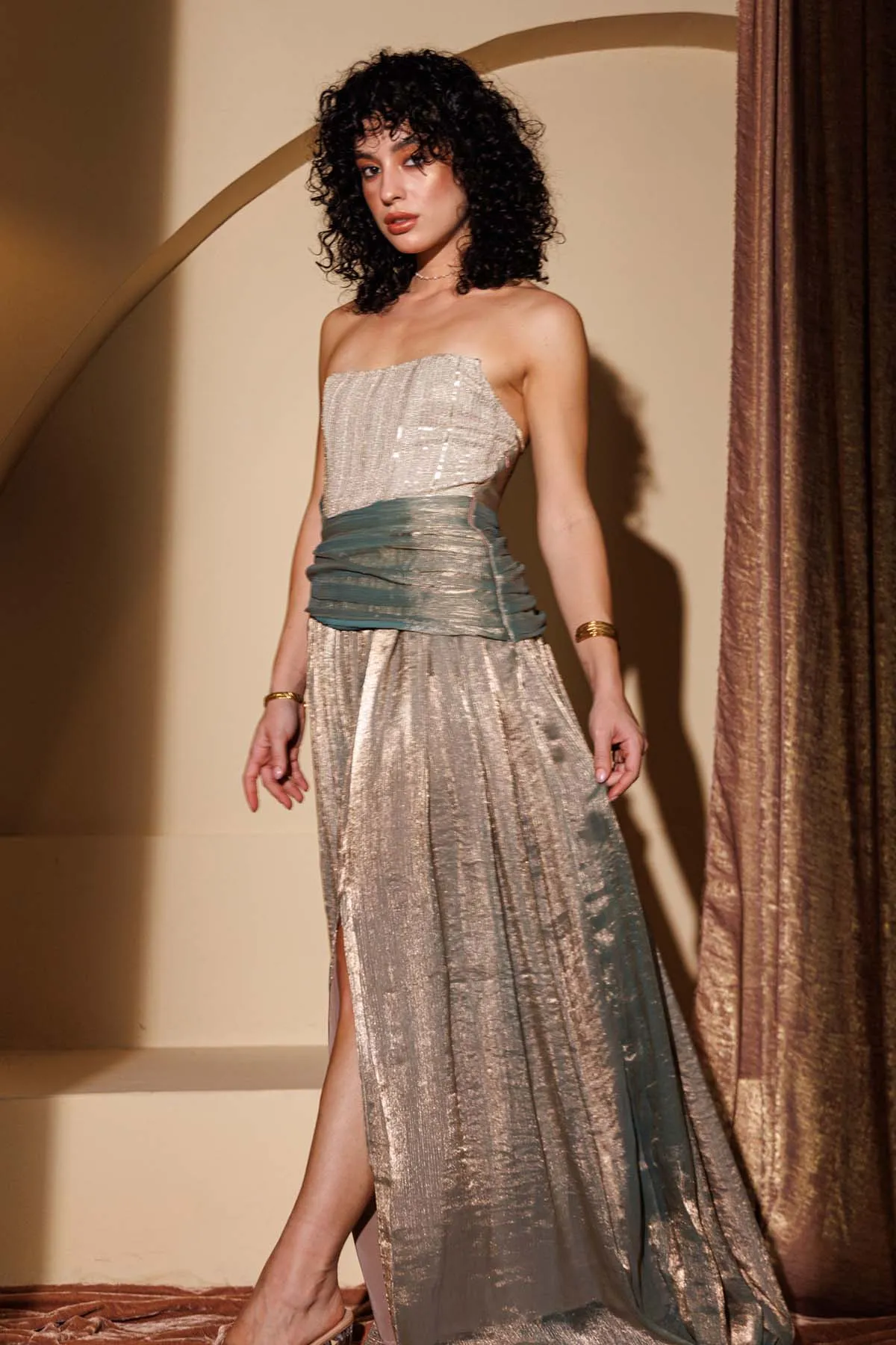 Blue Tissue Strapless Slit Gown