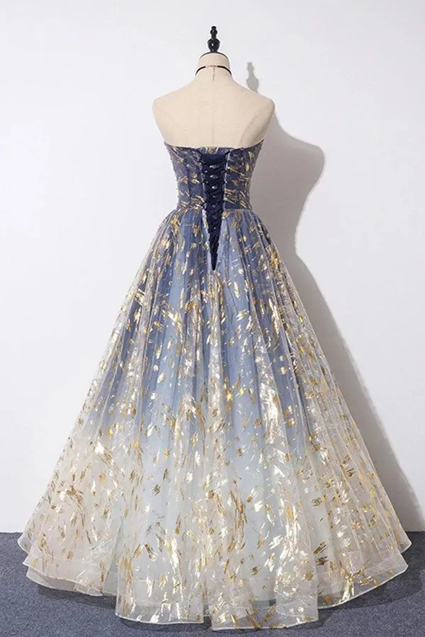 Blue Tulle A-line Floral Print Strapless Prom Dresses, Long Formal Dresses, MP698