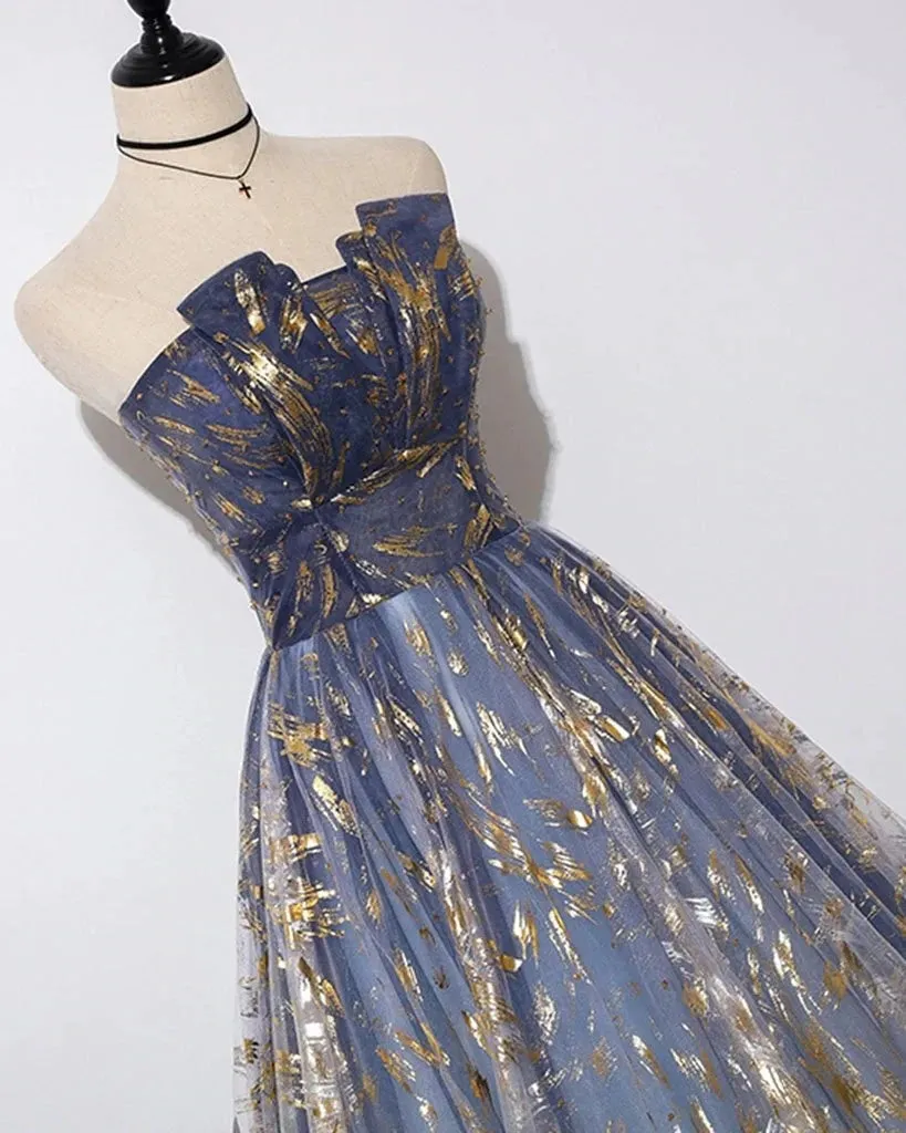 Blue Tulle A-line Floral Print Strapless Prom Dresses, Long Formal Dresses, MP698