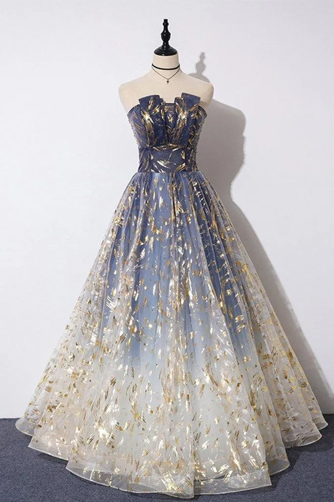 Blue Tulle A-line Floral Print Strapless Prom Dresses, Long Formal Dresses, MP698