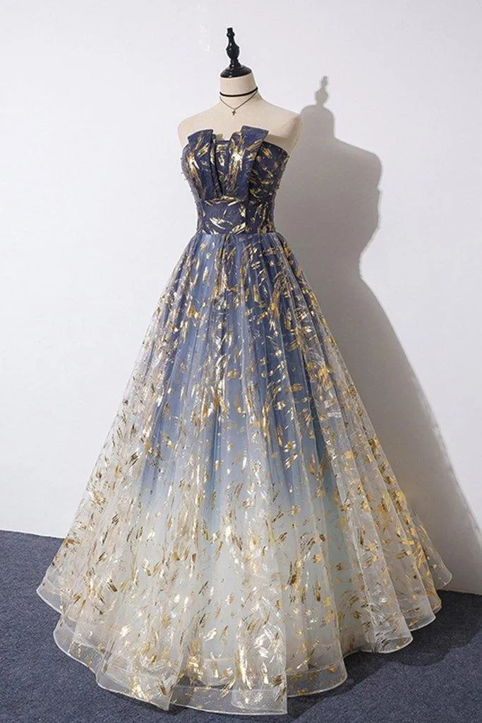 Blue Tulle A-line Floral Print Strapless Prom Dresses, Long Formal Dresses, MP698