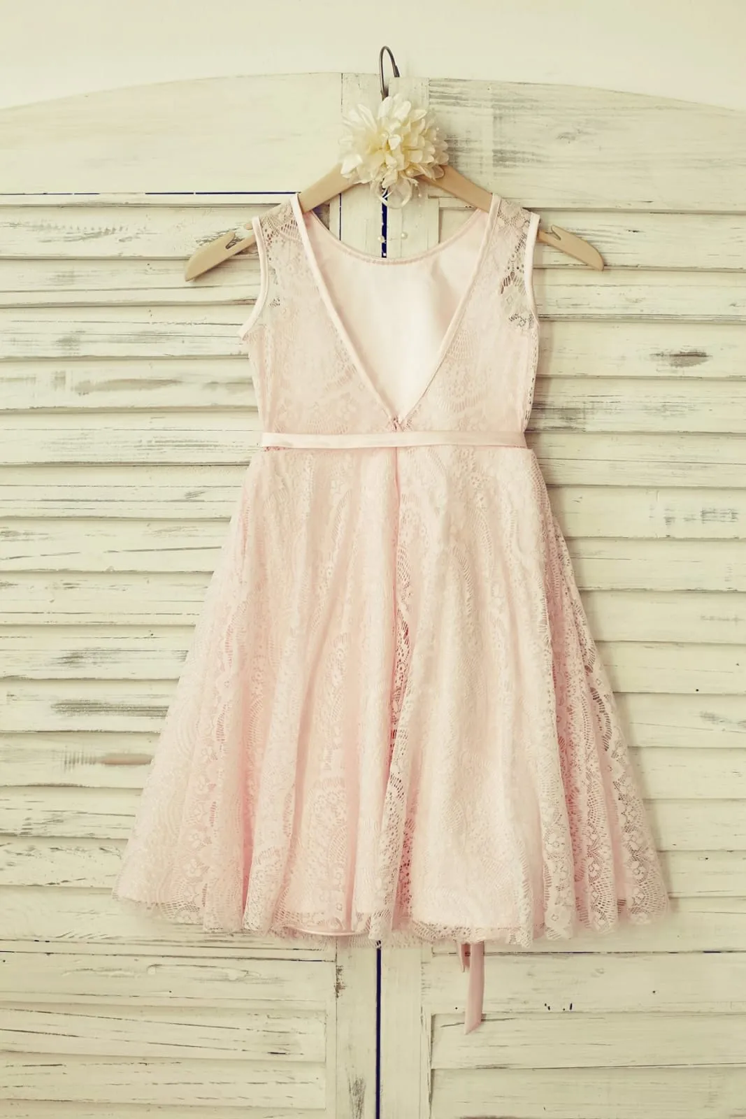 Blush Pink Lace V Back Flower Girl Dress, Belt
