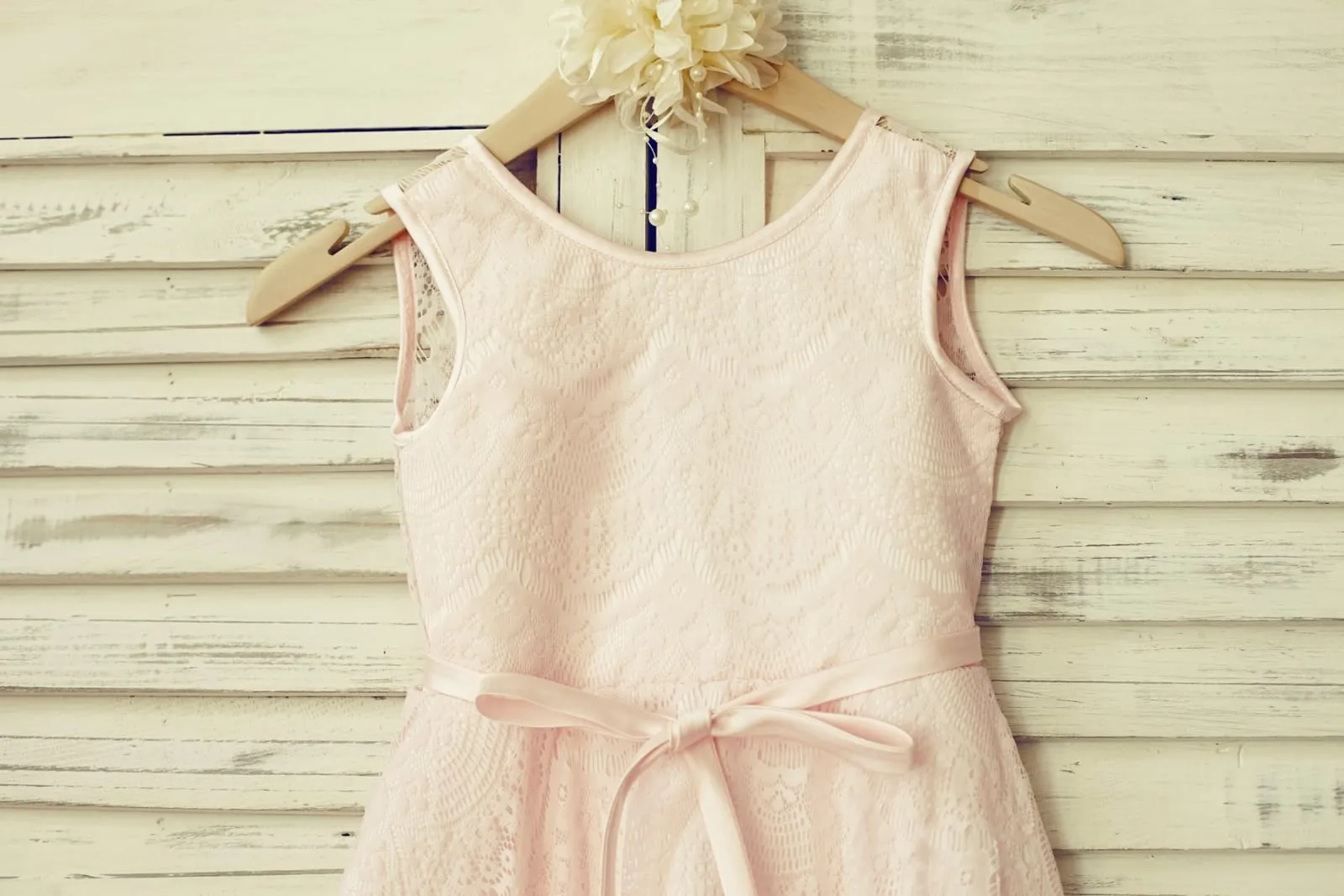 Blush Pink Lace V Back Flower Girl Dress, Belt