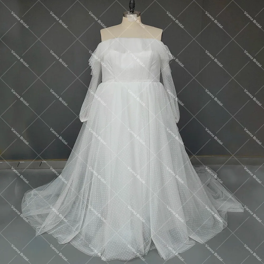 Boho Beach A Line Polka Dotted Wedding Party Dress Ceremony Off Shoulder Maxi Long Puff Sleeve Princess Bridal Gowns Customized
