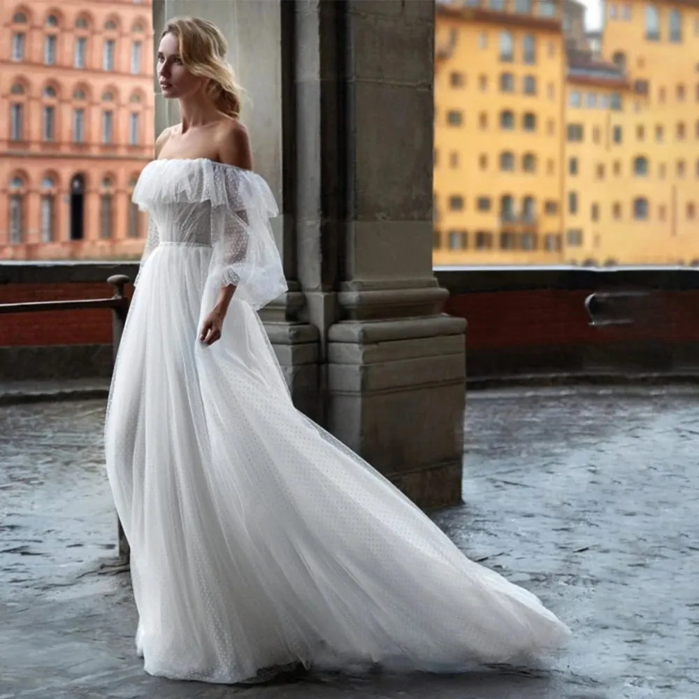 Boho Beach A Line Polka Dotted Wedding Party Dress Ceremony Off Shoulder Maxi Long Puff Sleeve Princess Bridal Gowns Customized