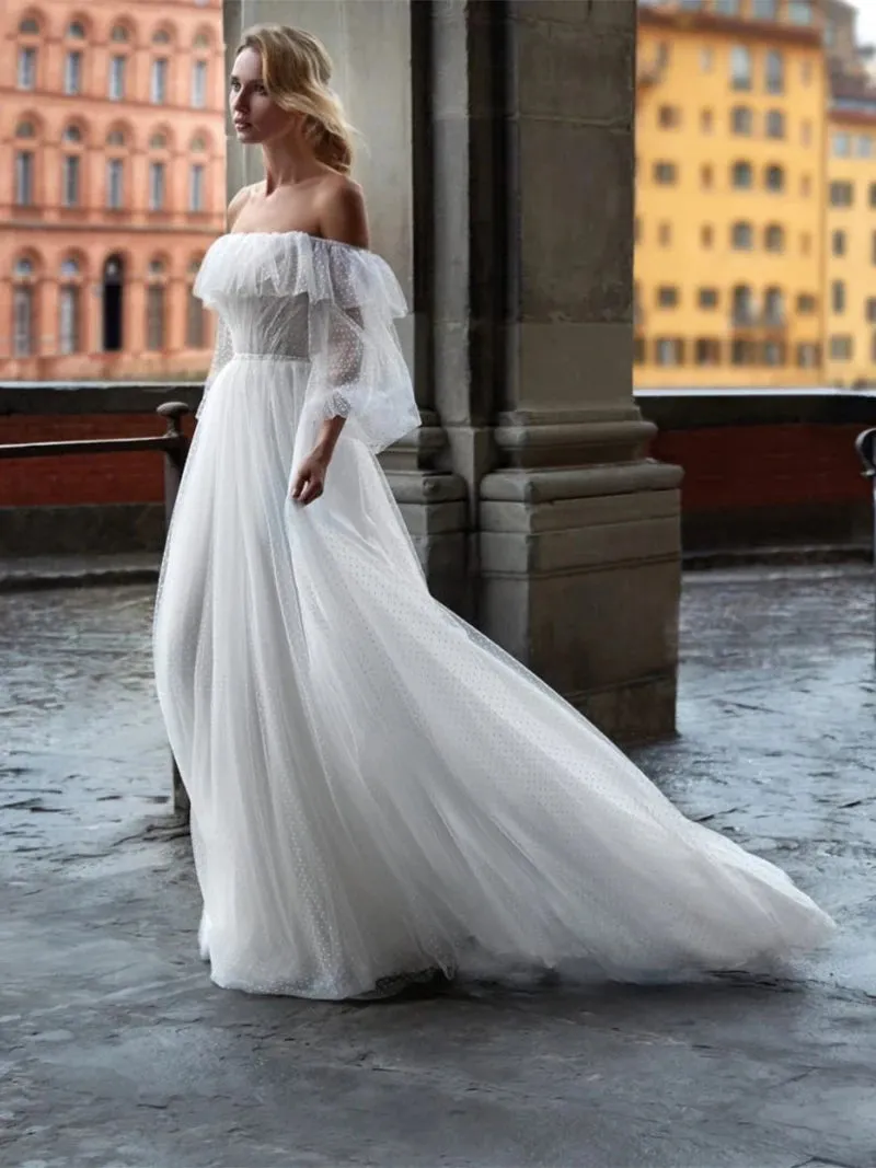 Boho Beach A Line Polka Dotted Wedding Party Dress Ceremony Off Shoulder Maxi Long Puff Sleeve Princess Bridal Gowns Customized