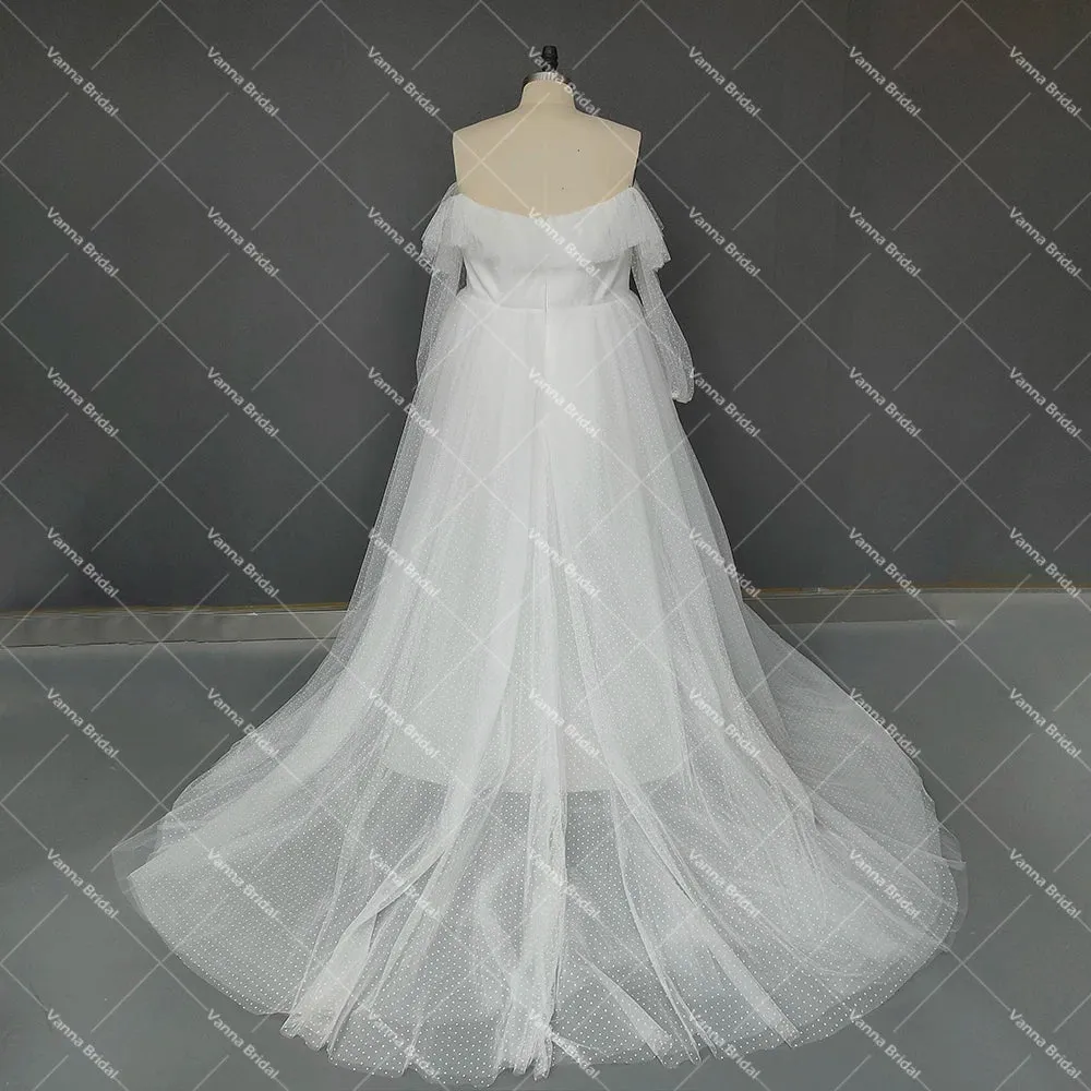 Boho Beach A Line Polka Dotted Wedding Party Dress Ceremony Off Shoulder Maxi Long Puff Sleeve Princess Bridal Gowns Customized