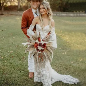 Boho Off The Shoulder Mermaid Wedding Dresses Sexy V-Neck Lace Appliqued Bride Gowns Backless Sweep Train
