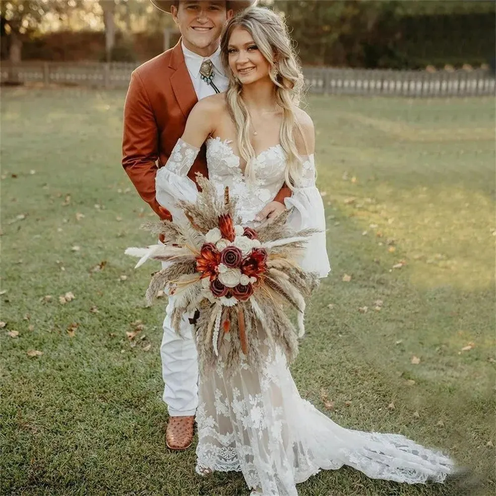 Boho Off The Shoulder Mermaid Wedding Dresses Sexy V-Neck Lace Appliqued Bride Gowns Backless Sweep Train