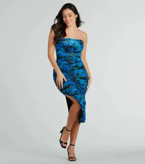 Bold Bloom Strapless Ruched Floral Mesh Midi Dress