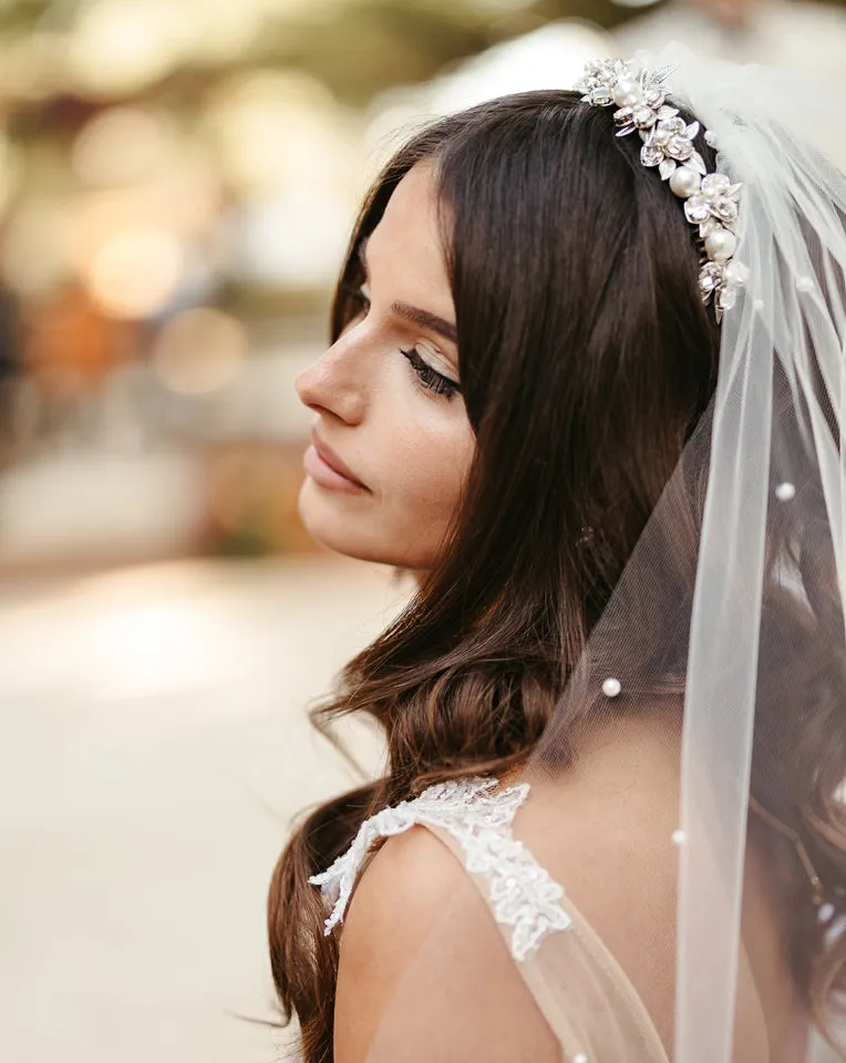 Bridal headpiece - vintage leaf and crystal low crown with large pearls - Steph by Kezani - BUY or HIRE