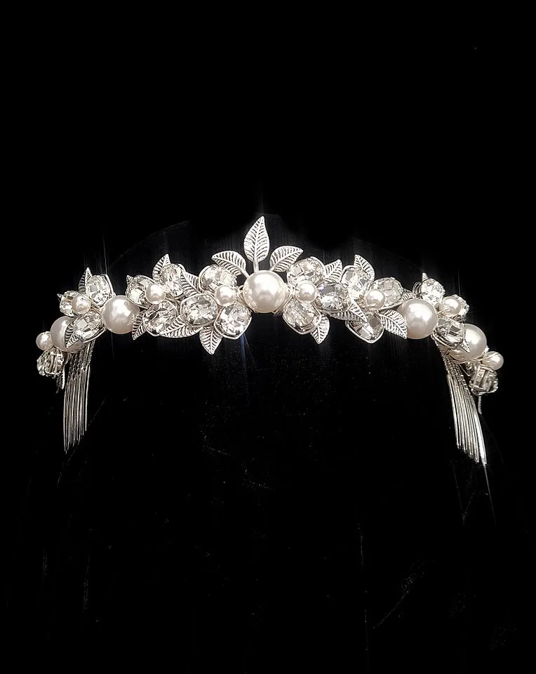 Bridal headpiece - vintage leaf and crystal low crown with large pearls - Steph by Kezani - BUY or HIRE