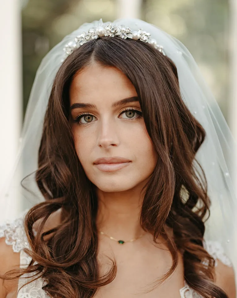 Bridal headpiece - vintage leaf and crystal low crown with large pearls - Steph by Kezani - BUY or HIRE