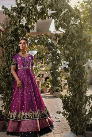 Bridal Jamawar Lehnga with Frock in Purple Color #Y6130