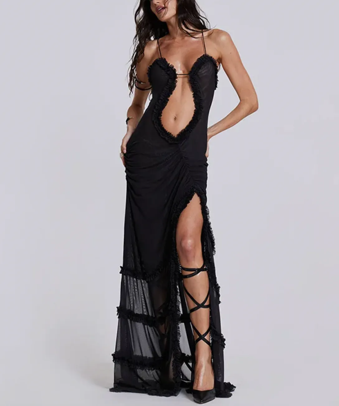 BRIT Y2K RUFFLE MAXI CUTOUT DRESS