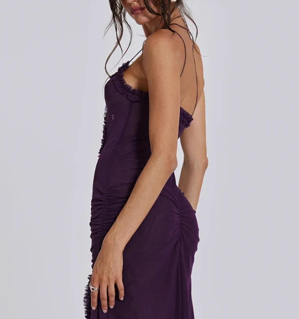 BRIT Y2K RUFFLE MAXI CUTOUT DRESS