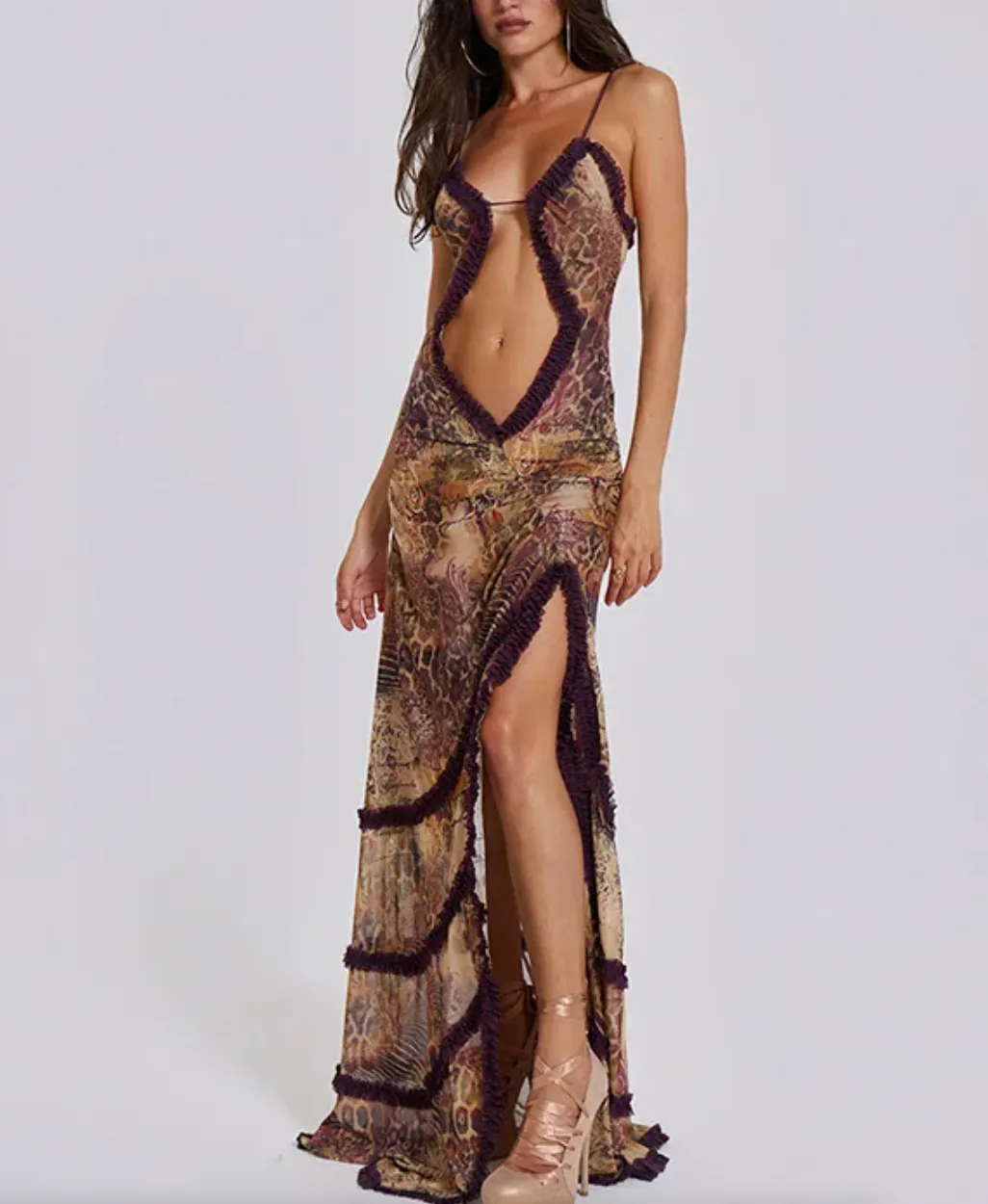 BRIT Y2K RUFFLE MAXI CUTOUT DRESS
