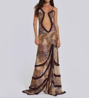 BRIT Y2K RUFFLE MAXI CUTOUT DRESS