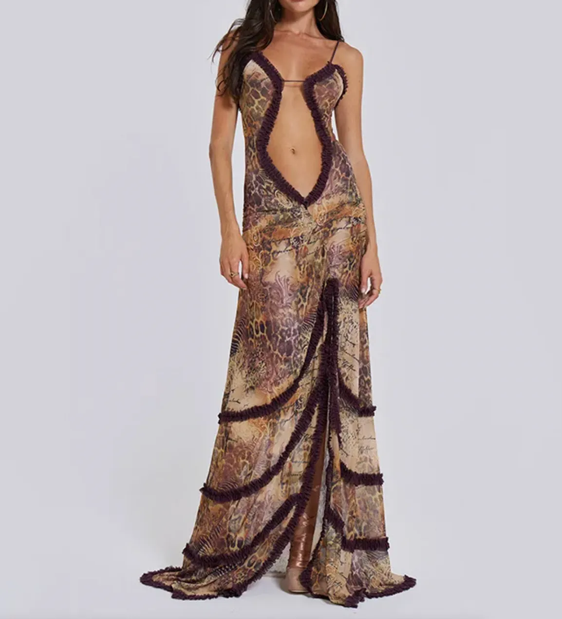 BRIT Y2K RUFFLE MAXI CUTOUT DRESS