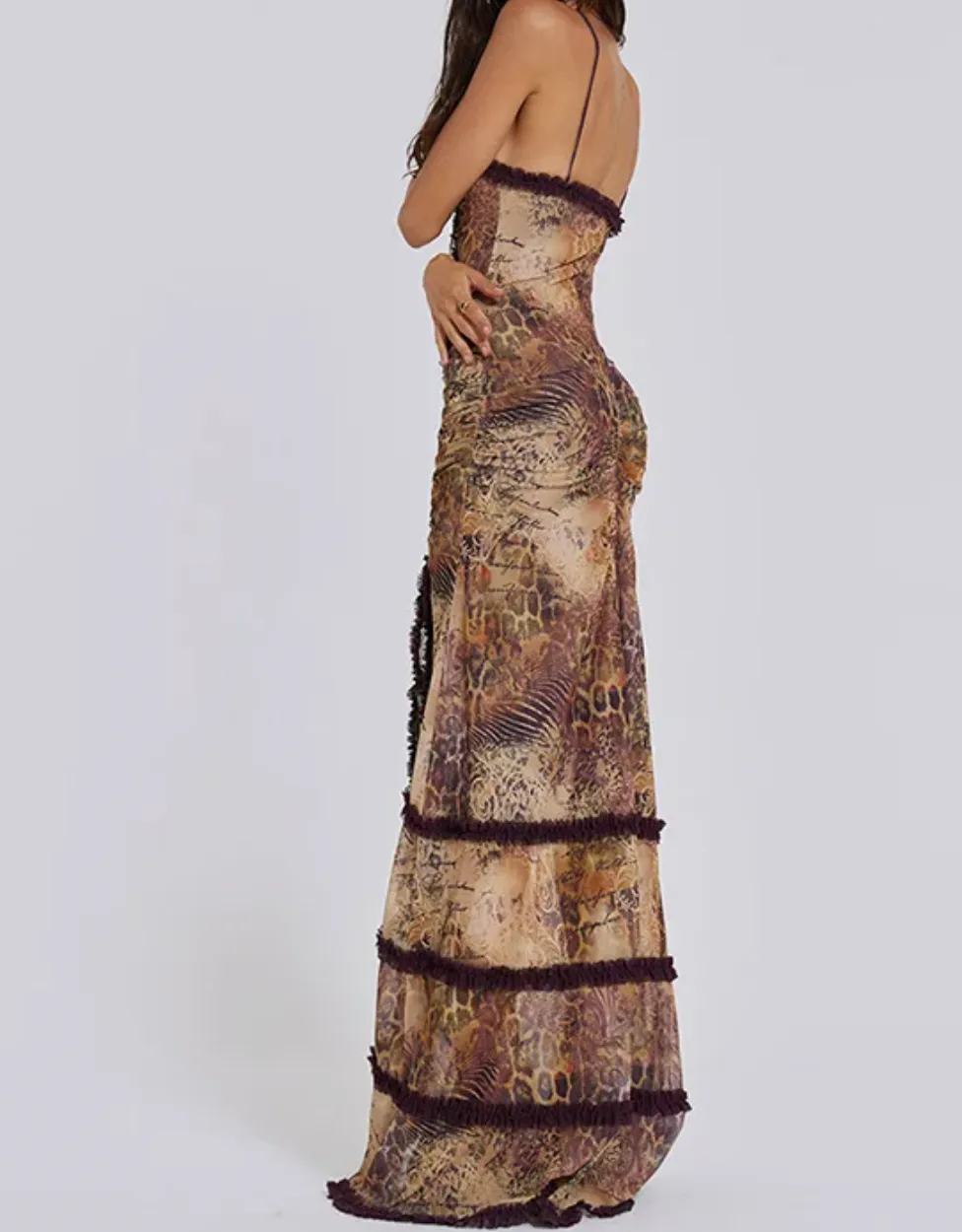 BRIT Y2K RUFFLE MAXI CUTOUT DRESS