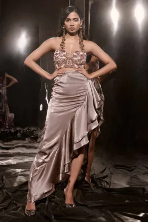 Brown Embroidered Ruffle Dress