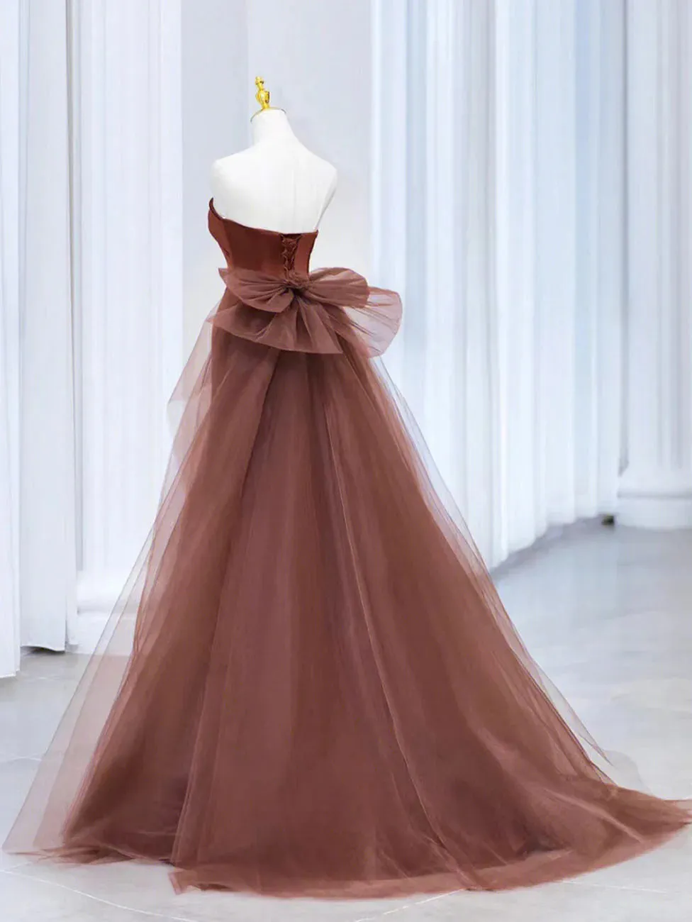 Brown Mermaid Satin Tulle Long Prom Dress, Brown Long Evening Dress  MD7164