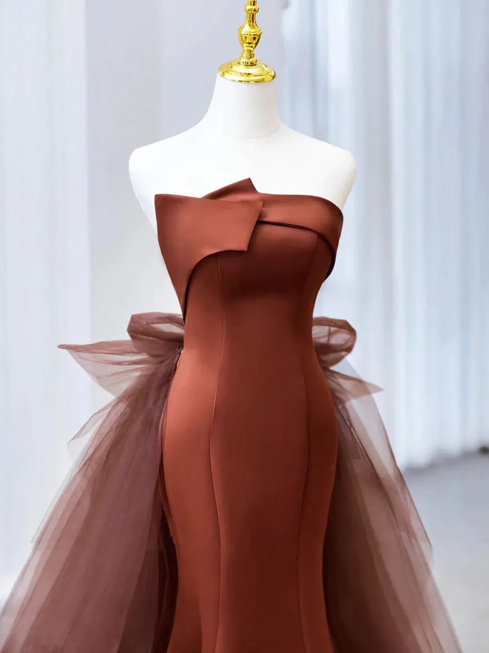Brown Mermaid Satin Tulle Long Prom Dress, Brown Long Evening Dress  MD7164
