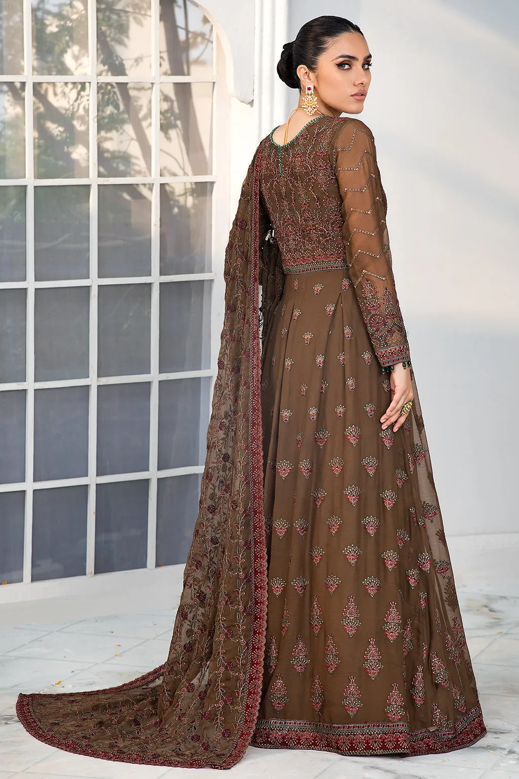 Brown Pakistani Embroidered Frock with Dupatta Party Wear