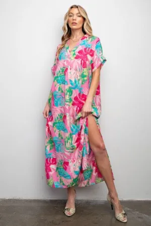 Bubblegum Pink Tropical Maxi Dress
