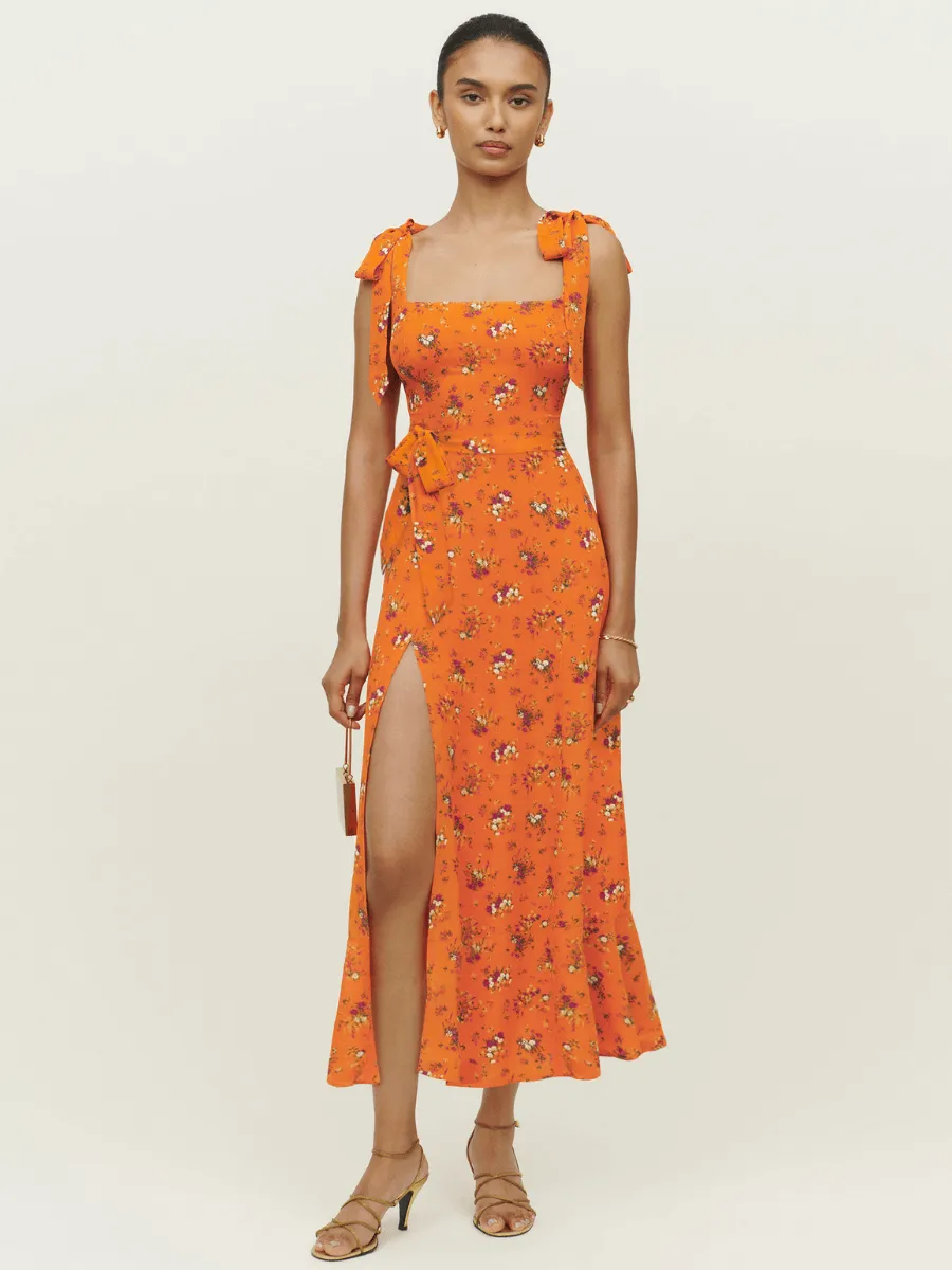 Budding Beauty Split Floral Maxi Dress - Orange
