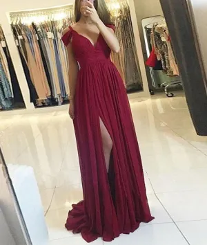 Burgundy A Line Off Shoulder Chiffon Long Prom Dresses with Slit, Off Shoulder Burgundy Formal Evening Graduation Dresses, Burgundy Bridesmaid Dresses