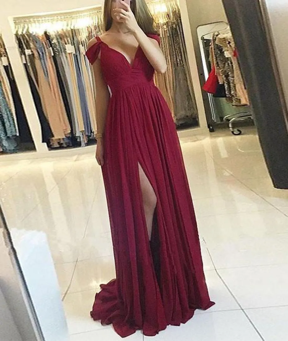 Burgundy A Line Off Shoulder Chiffon Long Prom Dresses with Slit, Off Shoulder Burgundy Formal Evening Graduation Dresses, Burgundy Bridesmaid Dresses