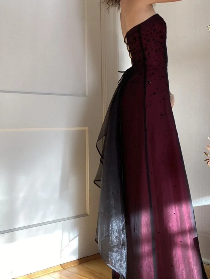 Burgundy Strapless A-Line Vintage Long Evening Party Dress MD7717