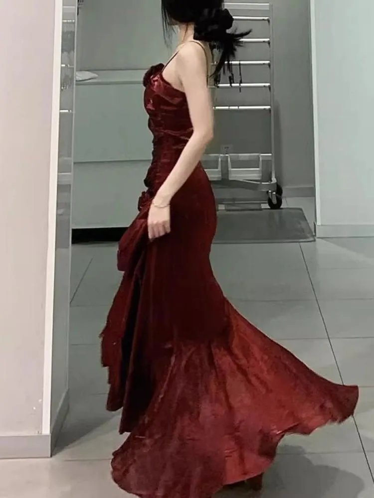 Burgundy Straps Sheath Satin Long Party Dress Birthday Outfit, D214