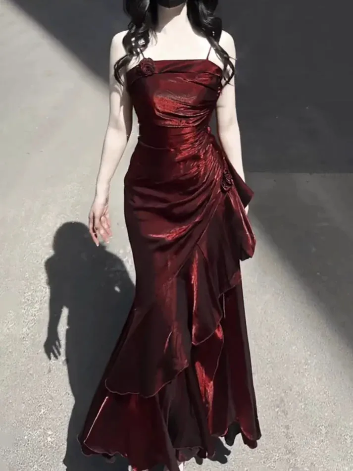 Burgundy Straps Sheath Satin Long Party Dress Birthday Outfit, D214