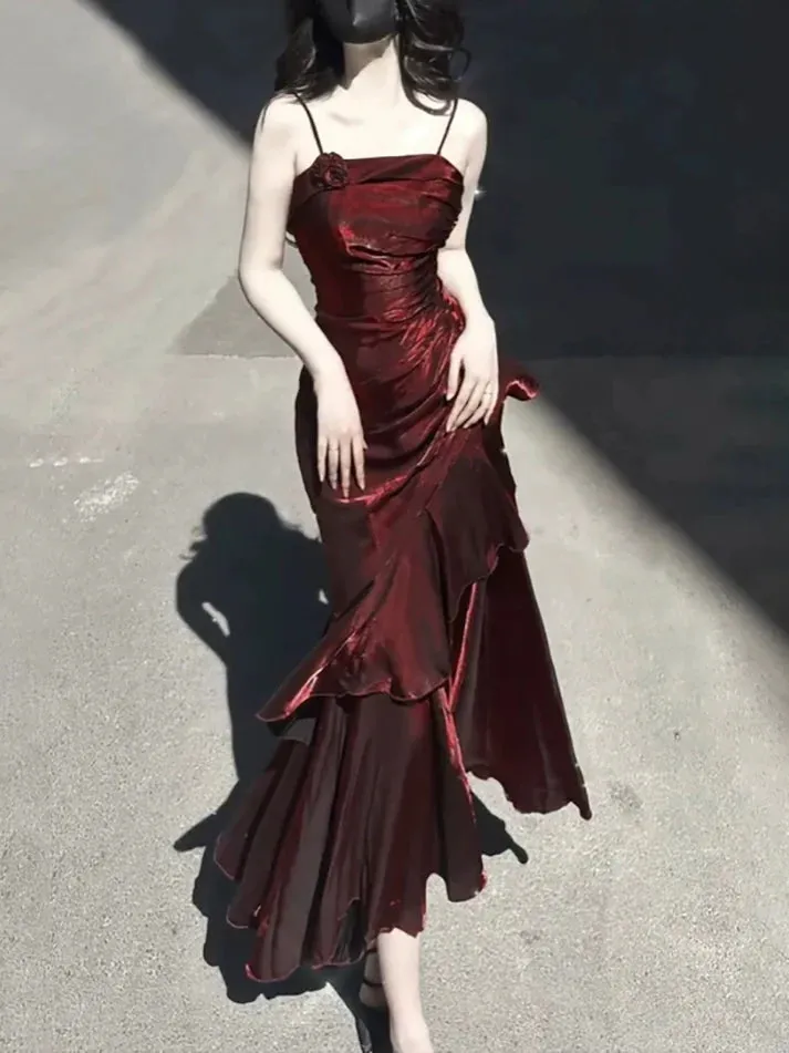 Burgundy Straps Sheath Satin Long Party Dress Birthday Outfit, D214
