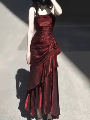 Burgundy Straps Sheath Satin Long Party Dress Birthday Outfit, D214