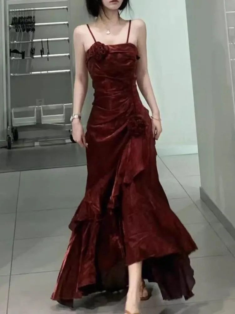 Burgundy Straps Sheath Satin Long Party Dress Birthday Outfit, D214